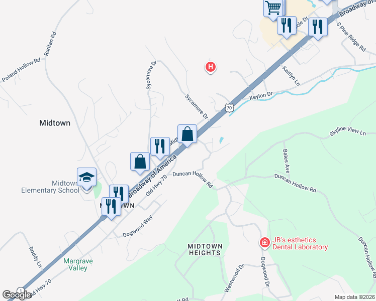 map of restaurants, bars, coffee shops, grocery stores, and more near 2527 Roane State Highway in Harriman