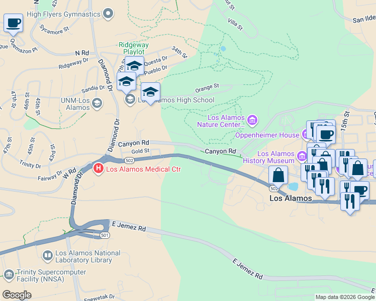 map of restaurants, bars, coffee shops, grocery stores, and more near 3301 Canyon Road in Los Alamos