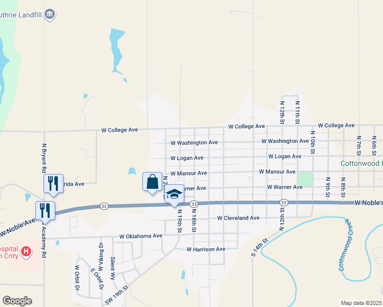 map of restaurants, bars, coffee shops, grocery stores, and more near 1821 West Logan Avenue in Guthrie