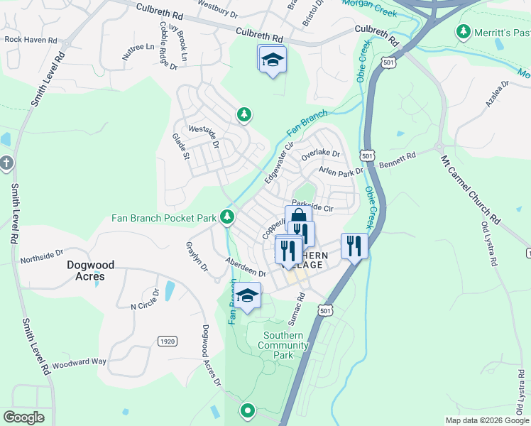 map of restaurants, bars, coffee shops, grocery stores, and more near 402 Brookgreen Drive in Chapel Hill