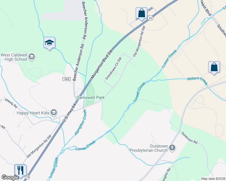 map of restaurants, bars, coffee shops, grocery stores, and more near 2601 Old Morganton Road in Lenoir