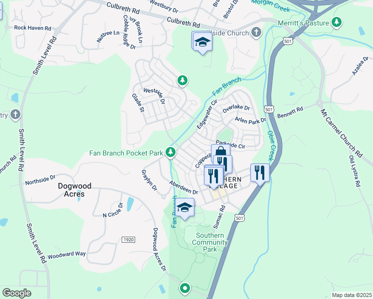 map of restaurants, bars, coffee shops, grocery stores, and more near 410 Brookgreen Drive in Chapel Hill