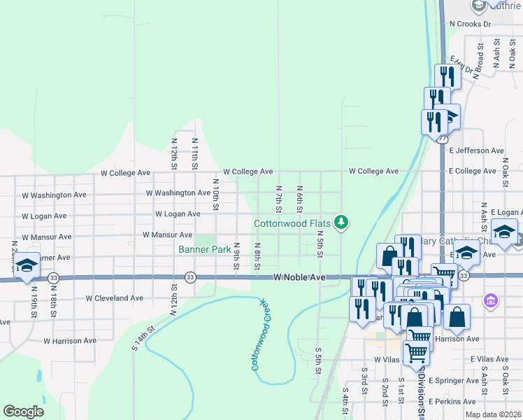 map of restaurants, bars, coffee shops, grocery stores, and more near 913 West Logan Avenue in Guthrie