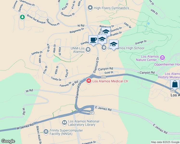 map of restaurants, bars, coffee shops, grocery stores, and more near 3987 Trinity Drive in Los Alamos