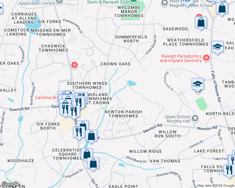 map of restaurants, bars, coffee shops, grocery stores, and more near 7414 Penny Hill Lane in Raleigh