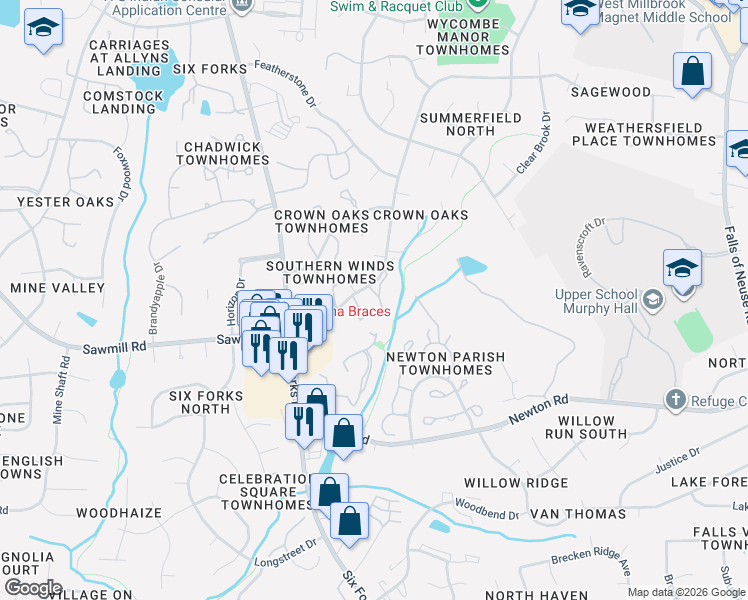 map of restaurants, bars, coffee shops, grocery stores, and more near 7702 Sandra Lane in Raleigh