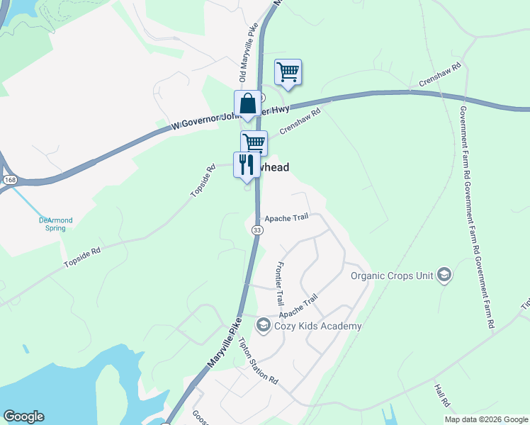 map of restaurants, bars, coffee shops, grocery stores, and more near 6001 Apache Trail in Knoxville
