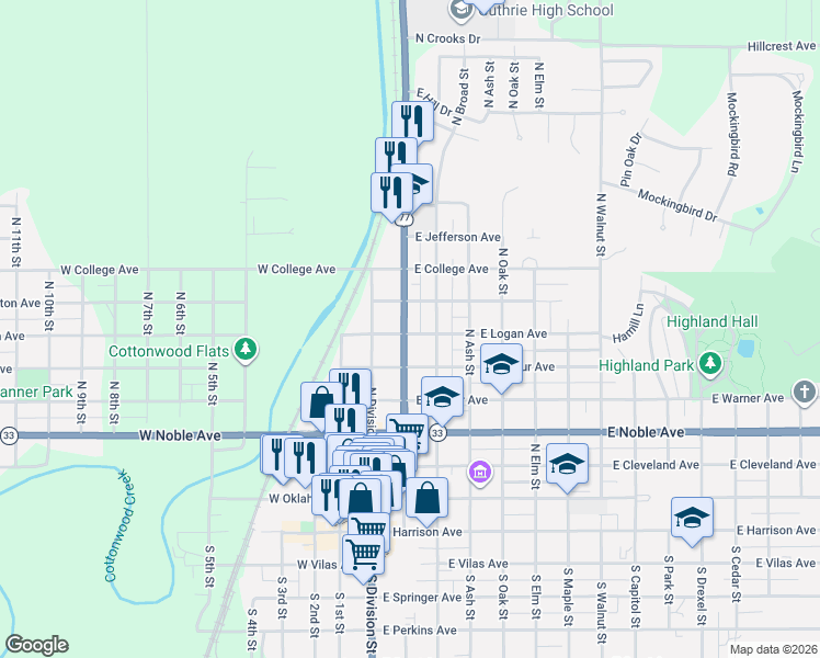 map of restaurants, bars, coffee shops, grocery stores, and more near 516 North Wentz Street in Guthrie