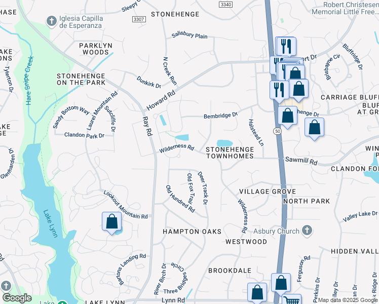 map of restaurants, bars, coffee shops, grocery stores, and more near 7745 Wilderness Road in Raleigh