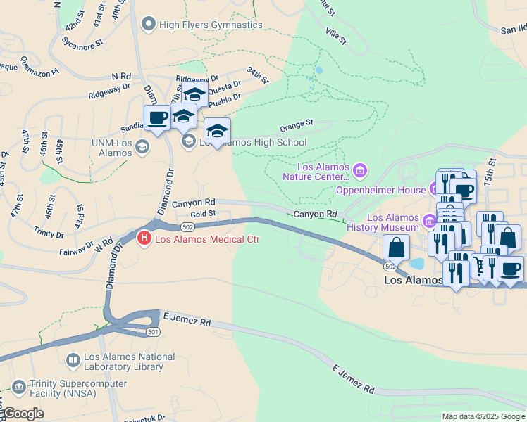map of restaurants, bars, coffee shops, grocery stores, and more near 3301 Canyon Road in Los Alamos