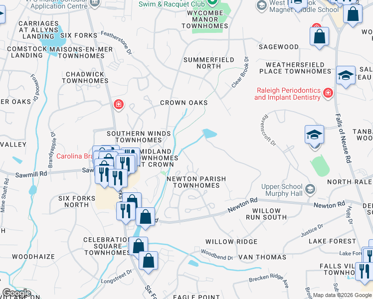 map of restaurants, bars, coffee shops, grocery stores, and more near 7414 Penny Hill Lane in Raleigh