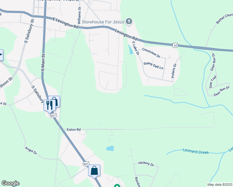 map of restaurants, bars, coffee shops, grocery stores, and more near 296 Winding Creek Road in Mocksville