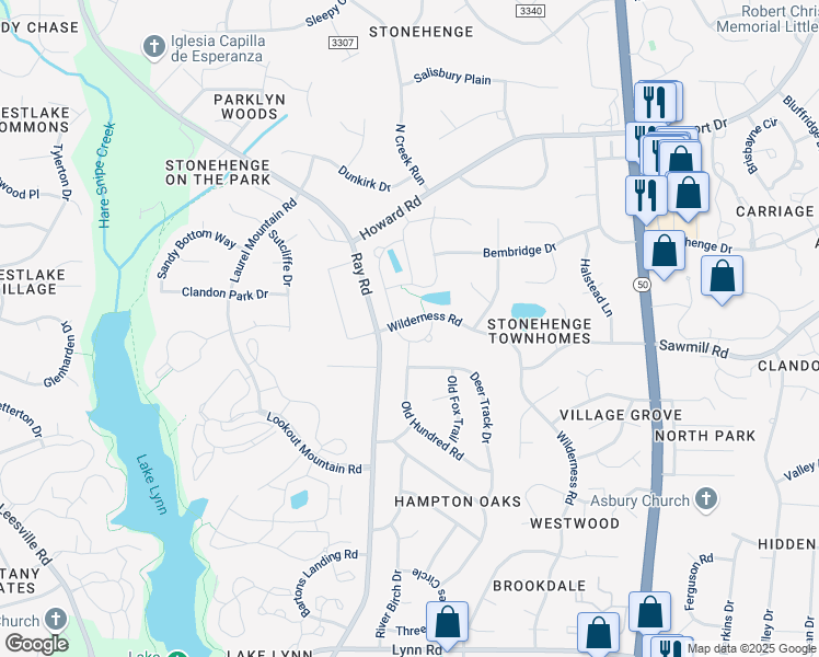map of restaurants, bars, coffee shops, grocery stores, and more near 7749 Wilderness Road in Raleigh