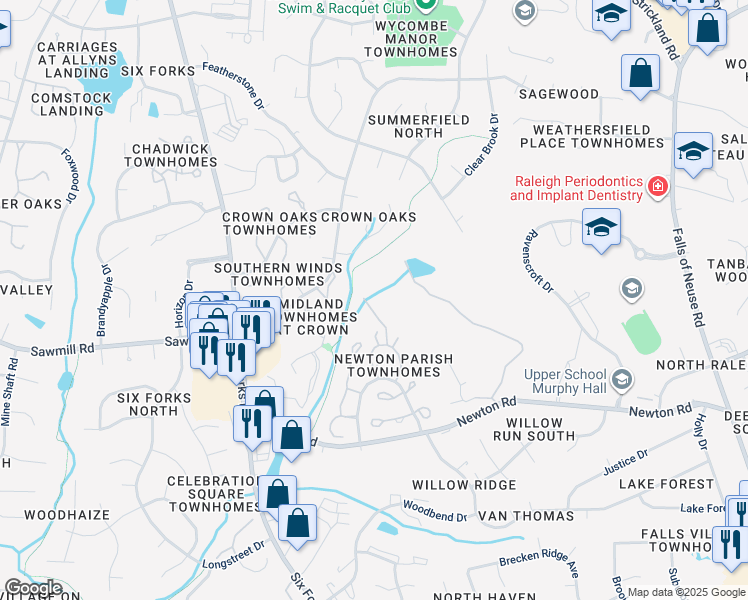 map of restaurants, bars, coffee shops, grocery stores, and more near 7424 Penny Hill Lane in Raleigh