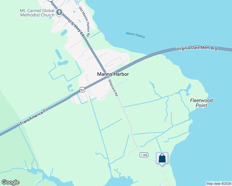 map of restaurants, bars, coffee shops, grocery stores, and more near 7639 Shipyard Road in Manns Harbor