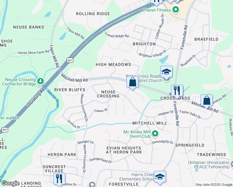 map of restaurants, bars, coffee shops, grocery stores, and more near 3600 Hopper Street in Raleigh