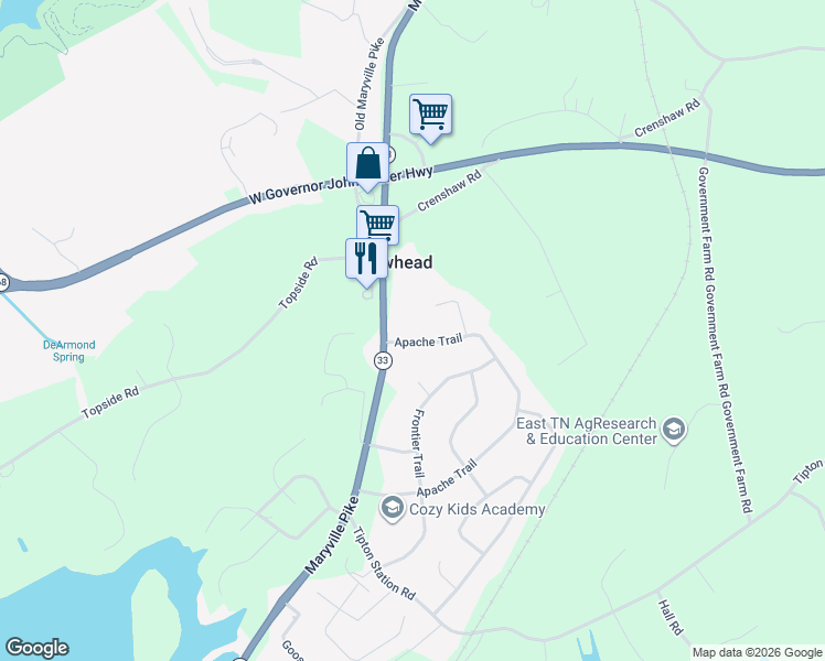 map of restaurants, bars, coffee shops, grocery stores, and more near 6005 Apache Trail in Knoxville