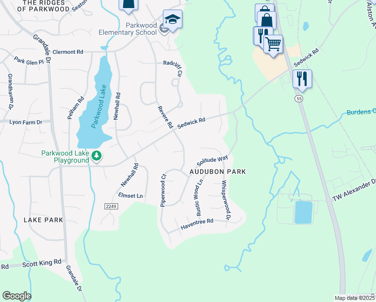 map of restaurants, bars, coffee shops, grocery stores, and more near 5427 Revere Road in Durham