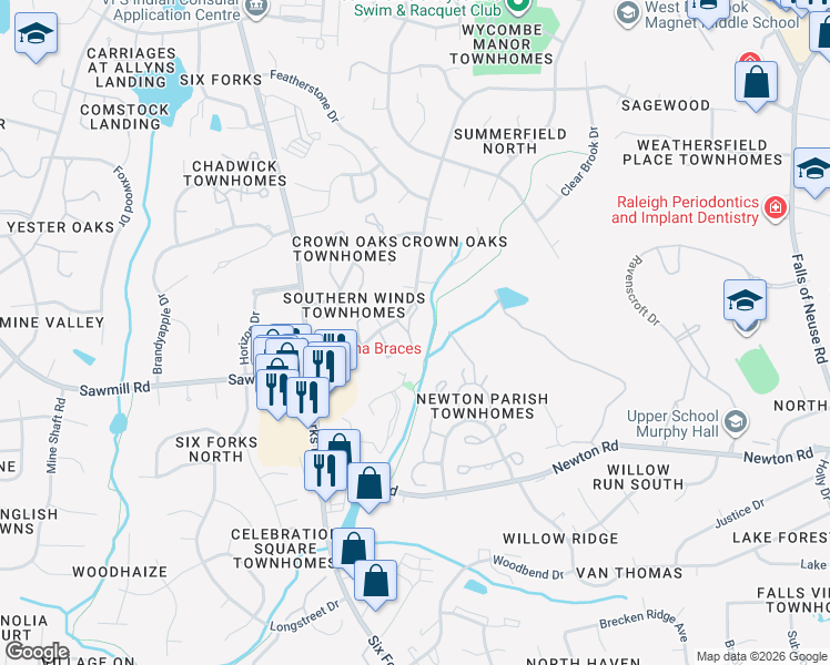 map of restaurants, bars, coffee shops, grocery stores, and more near 7702 Sandra Lane in Raleigh