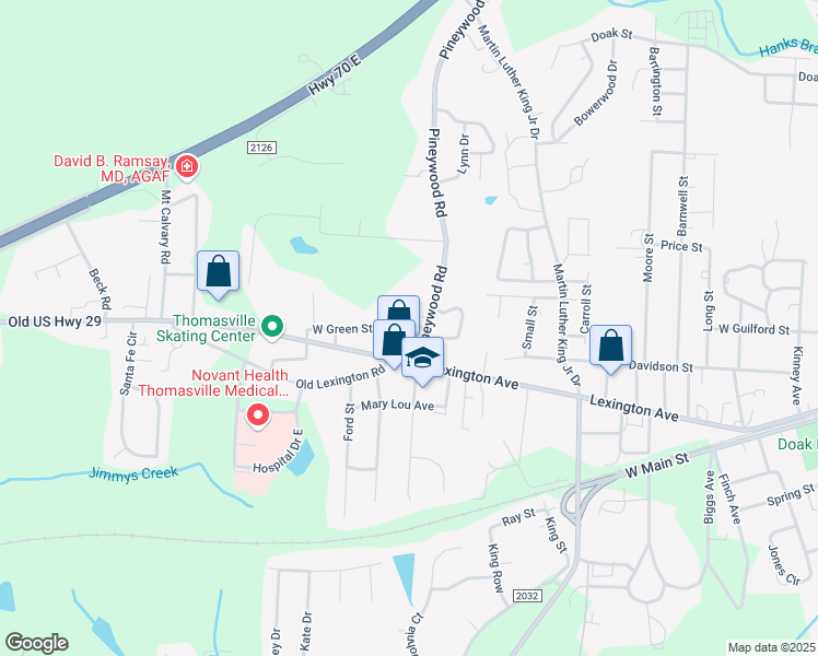map of restaurants, bars, coffee shops, grocery stores, and more near 201 Pineywood Road in Thomasville