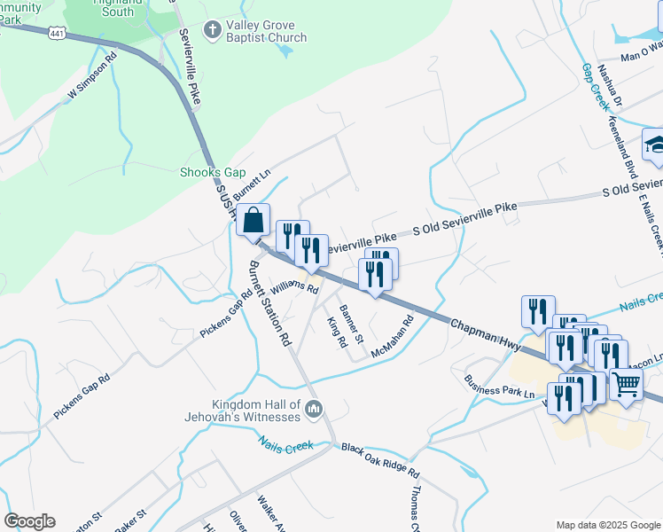 map of restaurants, bars, coffee shops, grocery stores, and more near 10243 Chapman Highway in Seymour