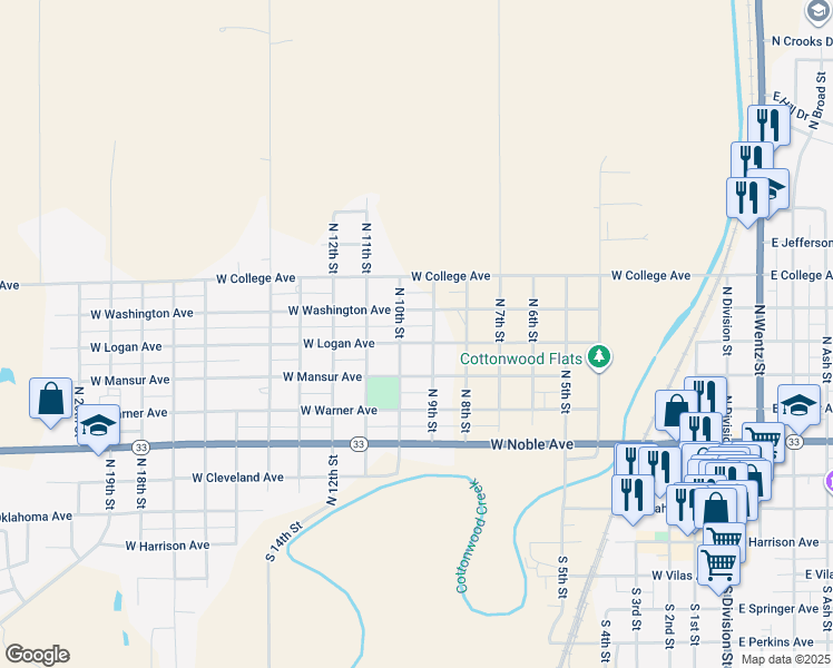 map of restaurants, bars, coffee shops, grocery stores, and more near 1005 West Logan Avenue in Guthrie