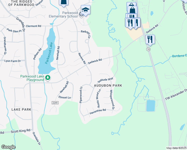 map of restaurants, bars, coffee shops, grocery stores, and more near 5427 Revere Road in Durham