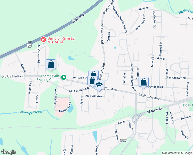 map of restaurants, bars, coffee shops, grocery stores, and more near 201 Pineywood Road in Thomasville