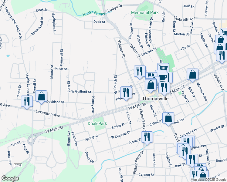 map of restaurants, bars, coffee shops, grocery stores, and more near 102 Church Street in Thomasville