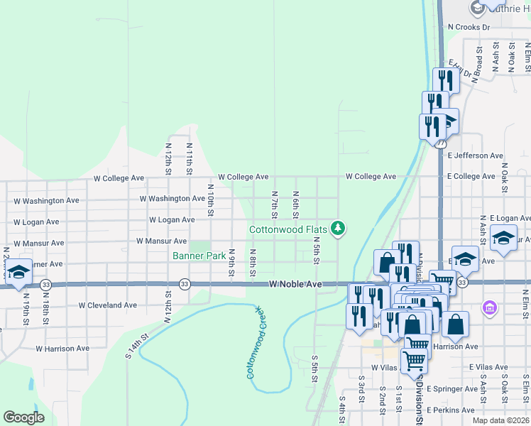 map of restaurants, bars, coffee shops, grocery stores, and more near 806 West Logan Avenue in Guthrie