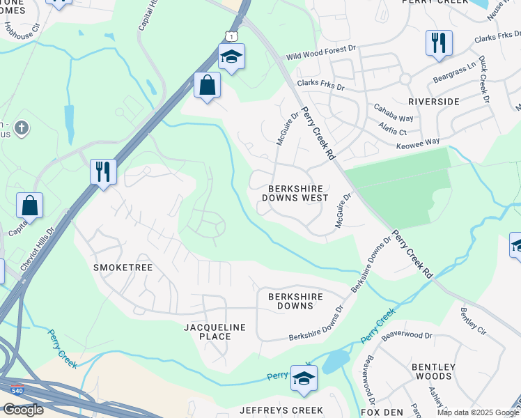 map of restaurants, bars, coffee shops, grocery stores, and more near 8109 Farmlea Circle in Raleigh
