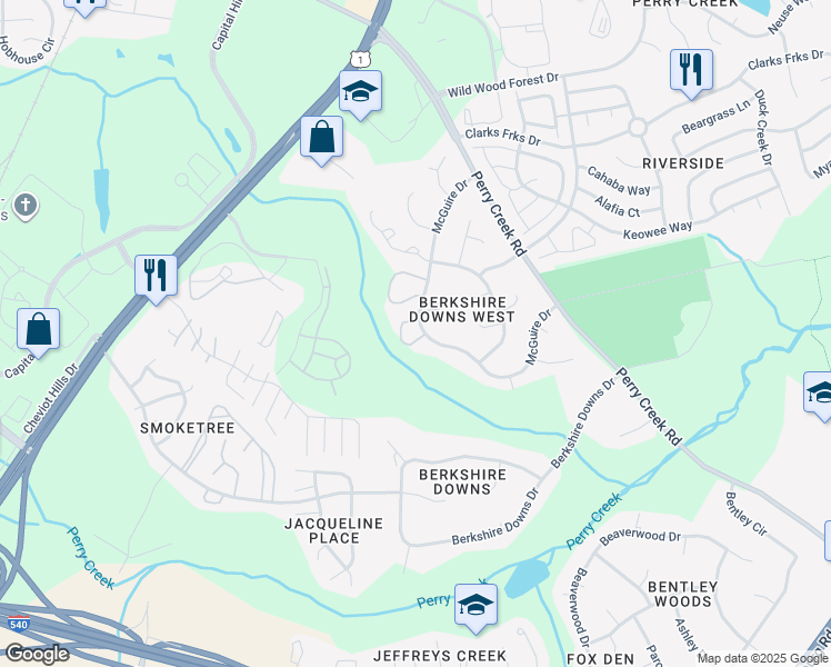map of restaurants, bars, coffee shops, grocery stores, and more near 8109 Farmlea Circle in Raleigh