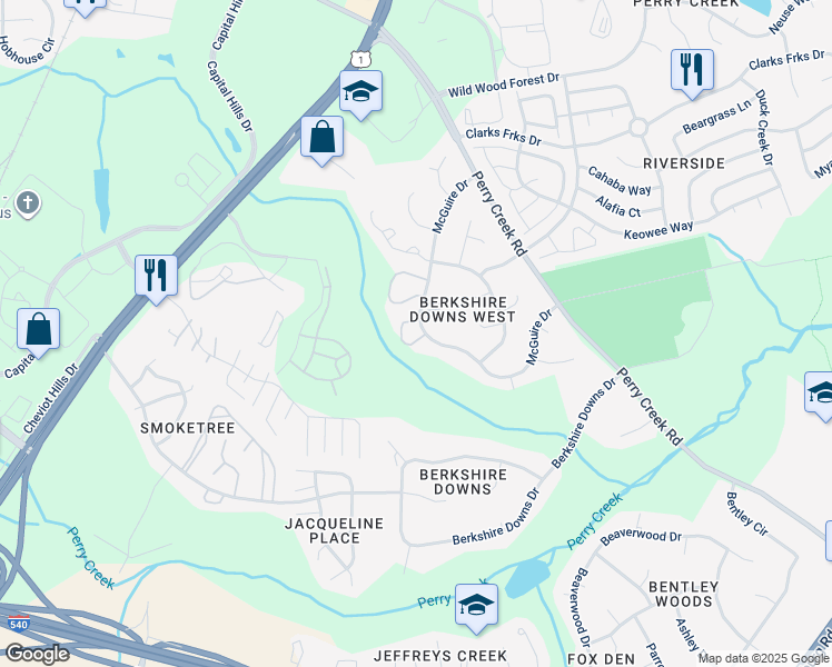 map of restaurants, bars, coffee shops, grocery stores, and more near 8102 Farmlea Circle in Raleigh
