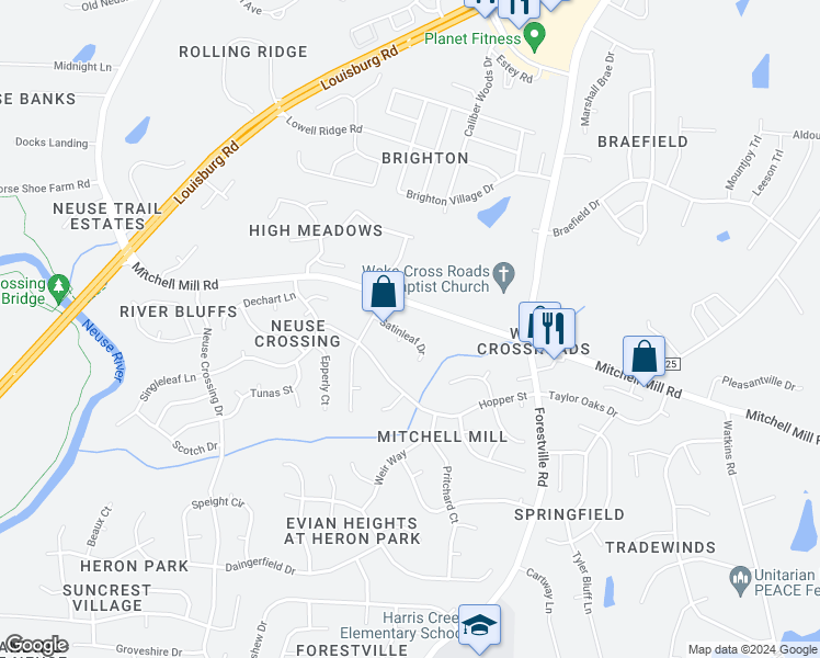 map of restaurants, bars, coffee shops, grocery stores, and more near 3801 Satinleaf Drive in Raleigh