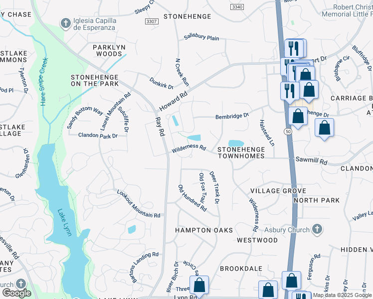 map of restaurants, bars, coffee shops, grocery stores, and more near 7741 Wilderness Road in Raleigh