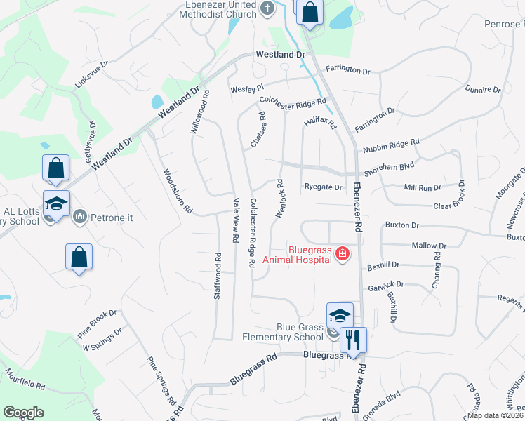 map of restaurants, bars, coffee shops, grocery stores, and more near 1347 Wenlock Road in Knoxville