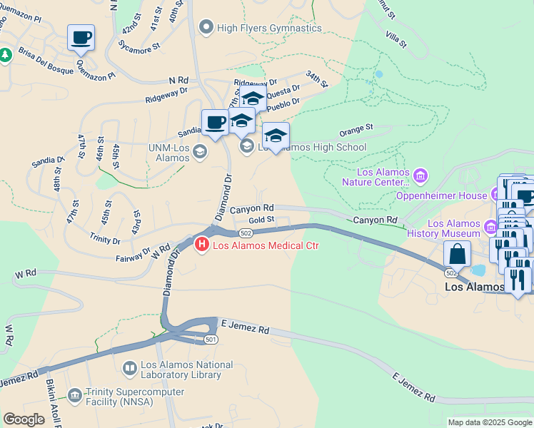 map of restaurants, bars, coffee shops, grocery stores, and more near 120 35th Street in Los Alamos