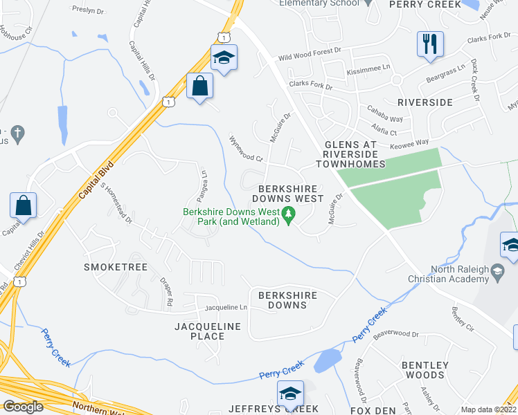 map of restaurants, bars, coffee shops, grocery stores, and more near 8109 Farmlea Circle in Raleigh