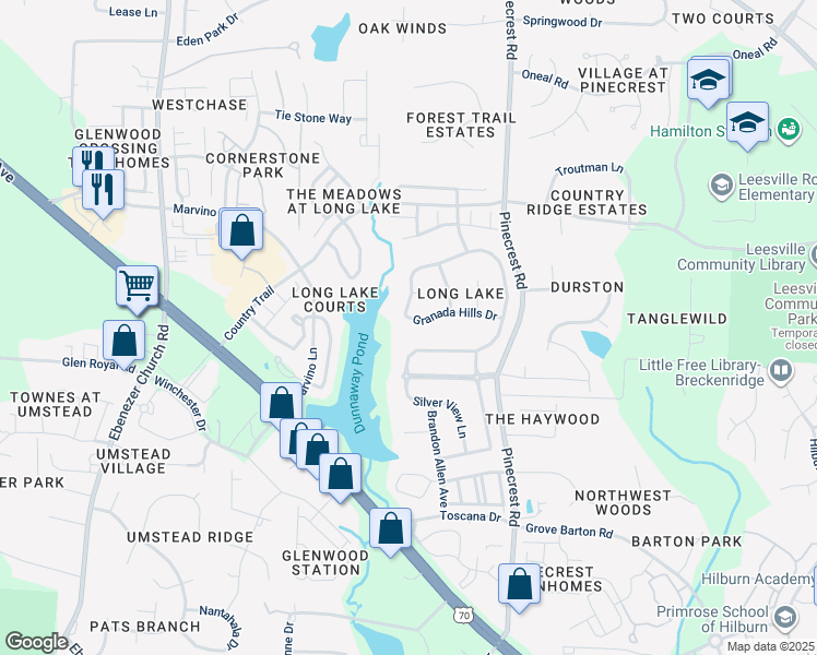 map of restaurants, bars, coffee shops, grocery stores, and more near 7525 Silver View Lane in Raleigh