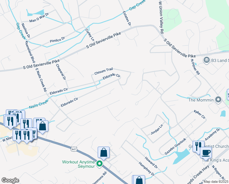 map of restaurants, bars, coffee shops, grocery stores, and more near 443 Tucker Road in Seymour