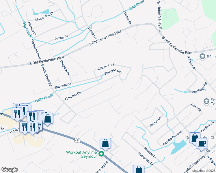 map of restaurants, bars, coffee shops, grocery stores, and more near 421B Tucker Road in Seymour