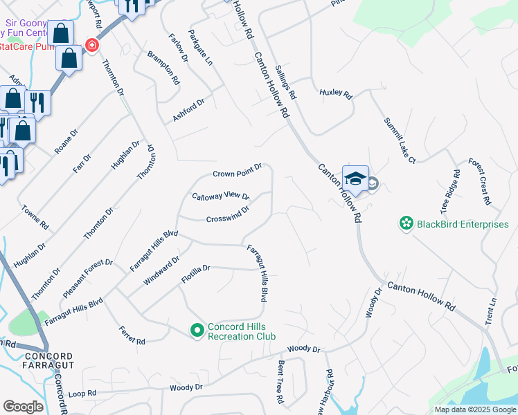 map of restaurants, bars, coffee shops, grocery stores, and more near 11010 Crown Point Drive in Knoxville