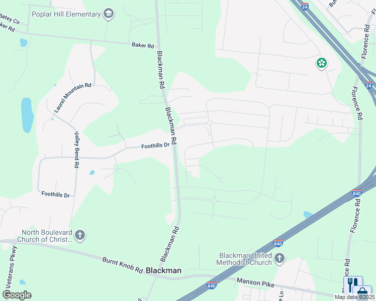 map of restaurants, bars, coffee shops, grocery stores, and more near 5747 Willoughby Way in Murfreesboro