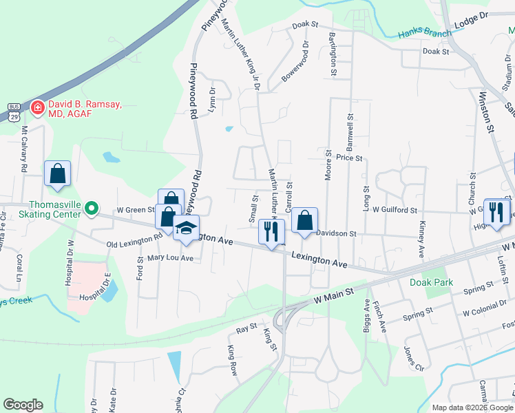 map of restaurants, bars, coffee shops, grocery stores, and more near 306 Small Street in Thomasville