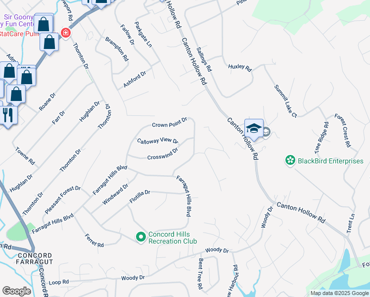 map of restaurants, bars, coffee shops, grocery stores, and more near 11010 Crown Point Drive in Knoxville