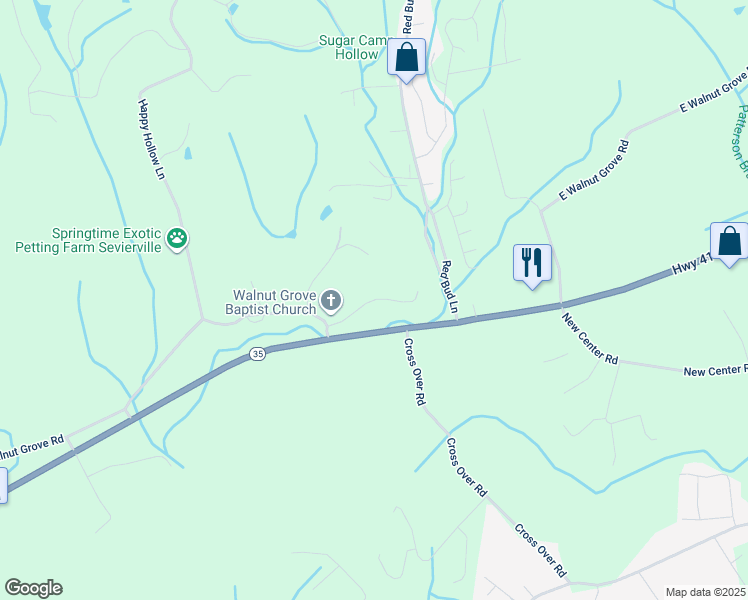 map of restaurants, bars, coffee shops, grocery stores, and more near Walnut Church Way in Sevierville