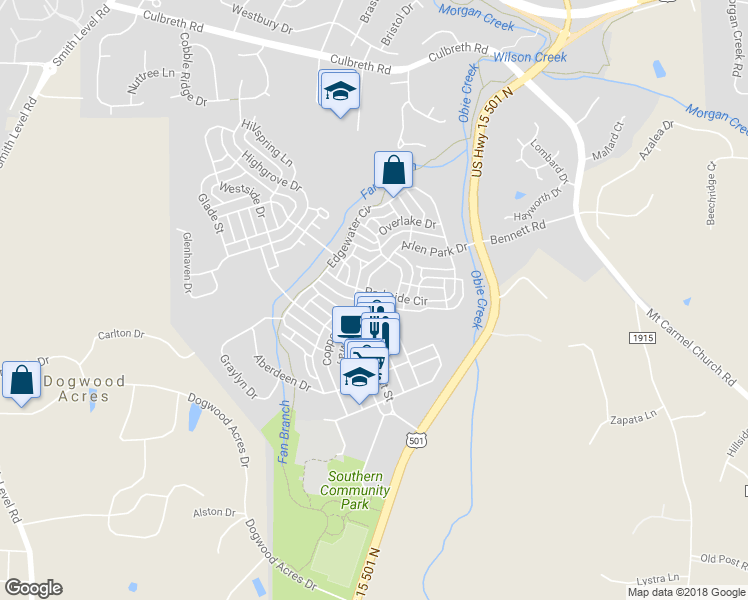 map of restaurants, bars, coffee shops, grocery stores, and more near 401 Parkside Circle in Chapel Hill