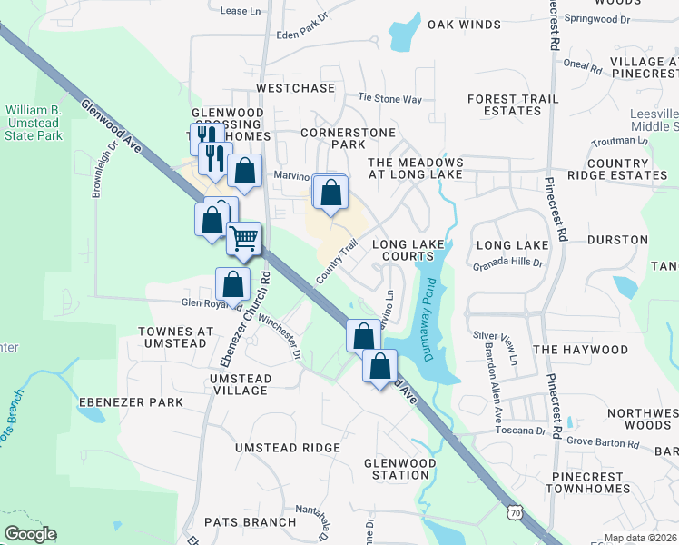 map of restaurants, bars, coffee shops, grocery stores, and more near 8510 Glenwood Avenue in Raleigh