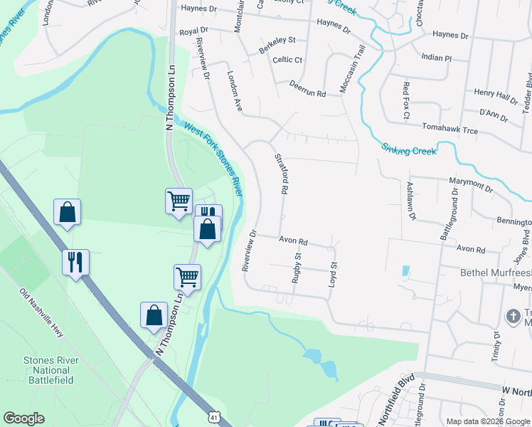map of restaurants, bars, coffee shops, grocery stores, and more near 1814 Avon Road in Murfreesboro