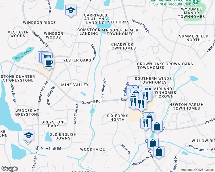 map of restaurants, bars, coffee shops, grocery stores, and more near 7821 Hemlock Court in Raleigh